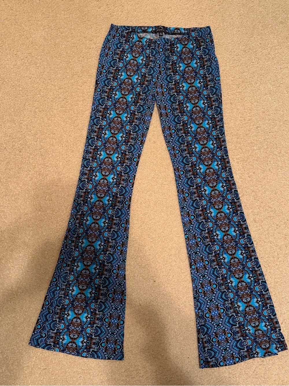 Shinestar Boho Flare Bell Bottom Pants Blue Brown Paisley Print S Festival 70s